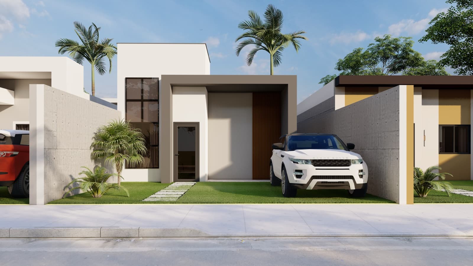 Render ilustrativo de uma casa contemporânea no Nascer do Sol, com garagem e jardim frontal.