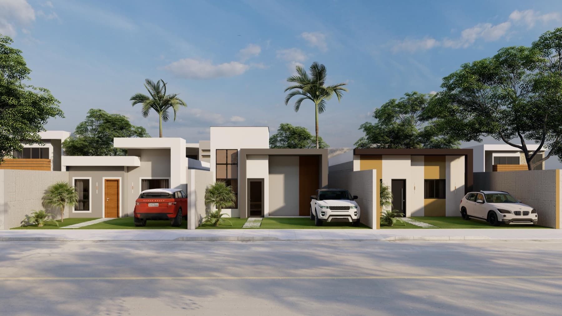 Render ilustrativo de casas do Nascer do Sol, com fachadas contemporâneas e jardim frontal.