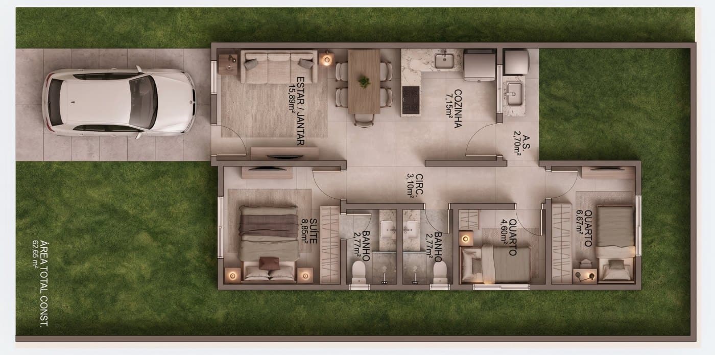 Planta humanizada da tipologia de 3 quartos com cerca de 62 m².