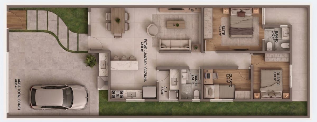 Planta humanizada da tipologia de 3 quartos com cerca de 78 m².