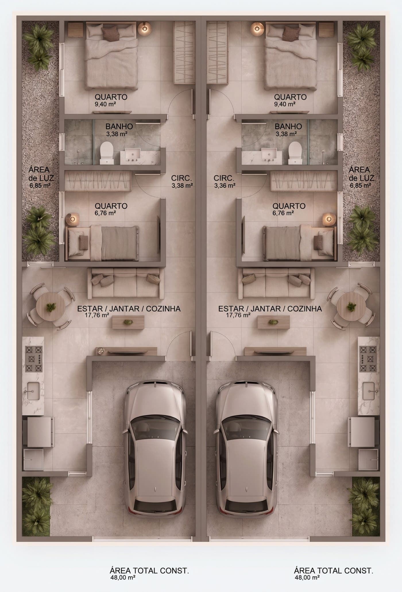 Planta humanizada da tipologia geminada de 2 quartos, 48 m² por unidade.