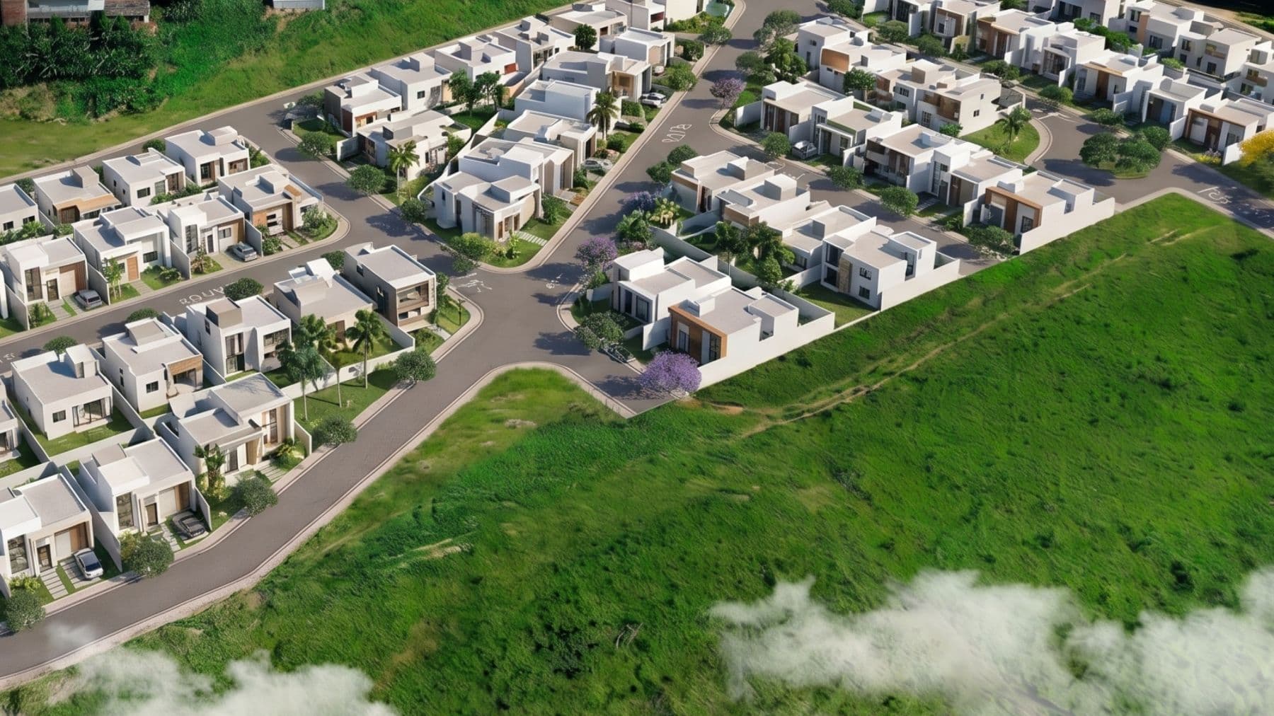 Render aéreo ilustrativo do Nascer do Sol com casas e ruas — imagem de apoio, não é foto da obra.